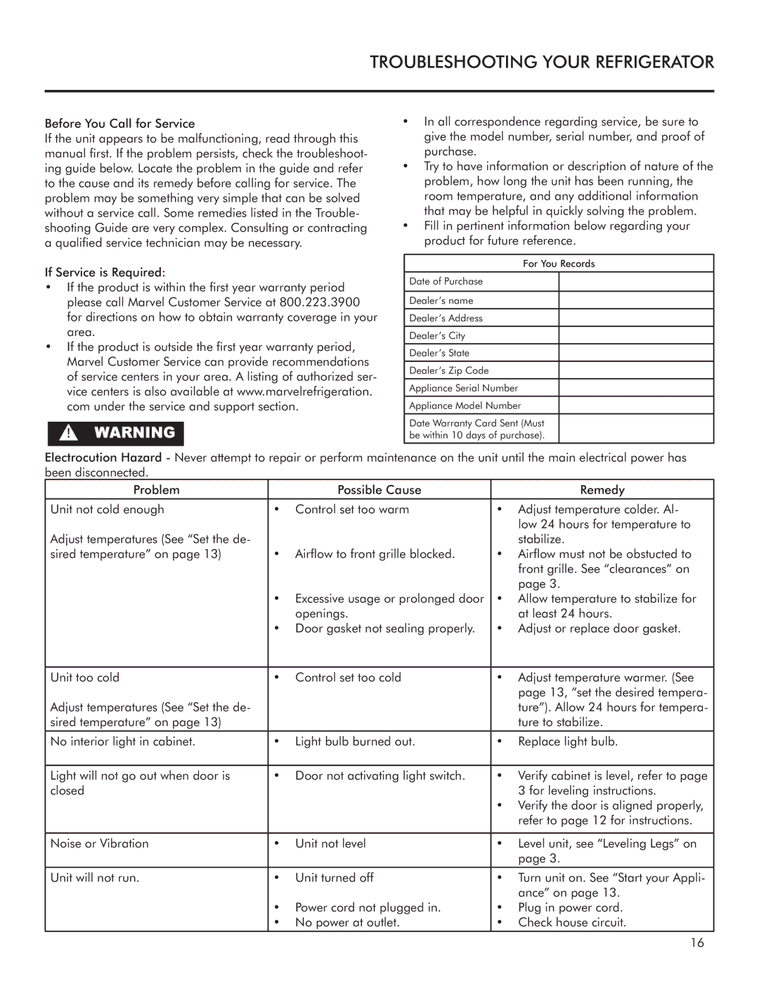 Marvel Industries 61ARMBBOR, 61ARMBSFL, 61ARMBSFR manual Troubleshooting Your Refrigerator 