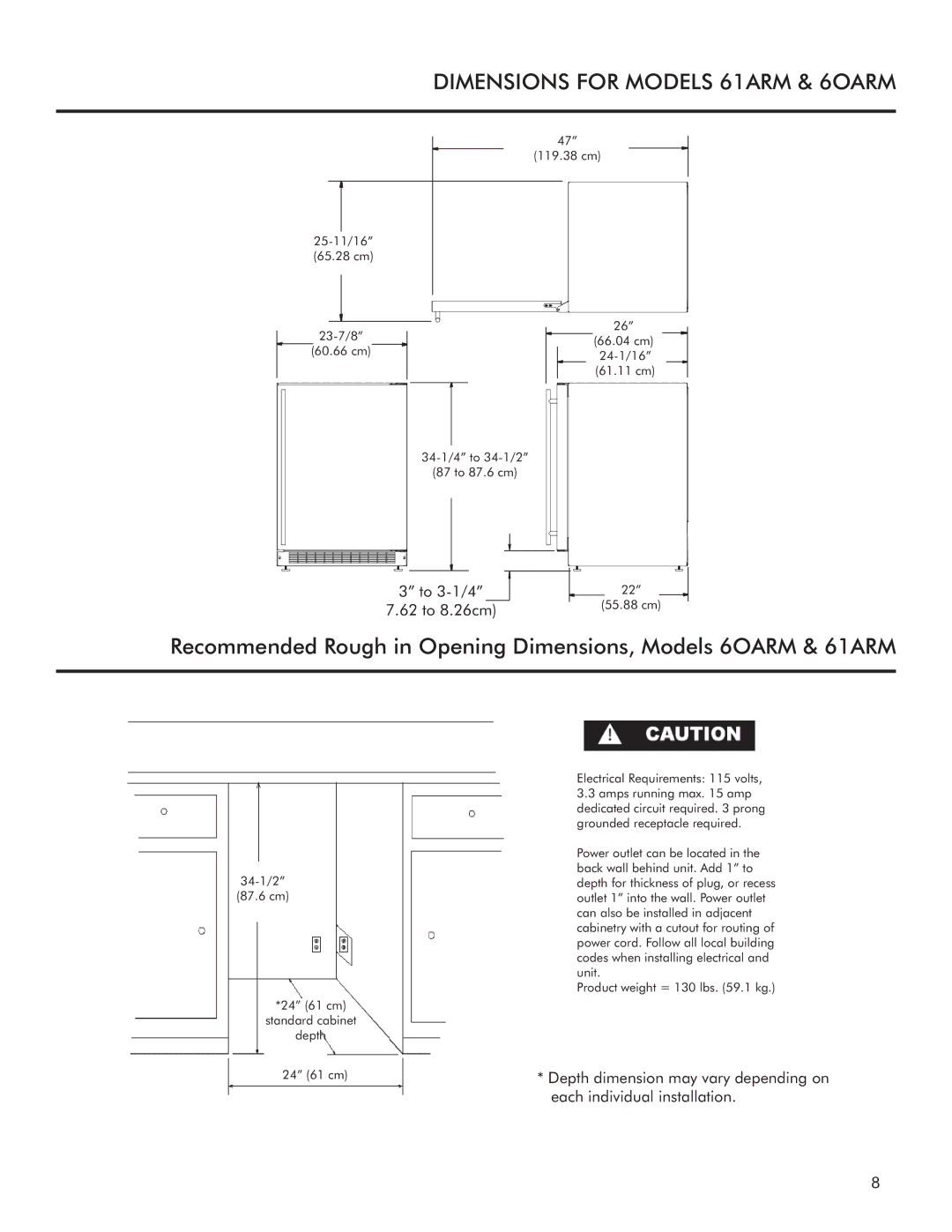 Marvel Industries 61ARMBSFL, 61ARMBSFR, 61ARMBBOR manual Dimensions for Models 61ARM & 6OARM 