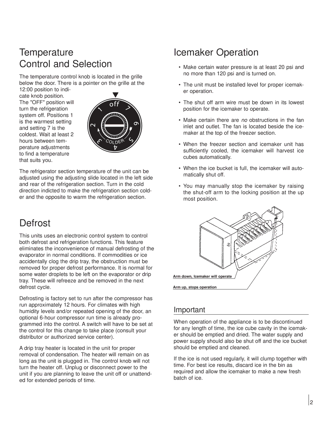 Marvel Industries 6CiM manual Temperature Control and Selection, Icemaker Operation, Defrost 