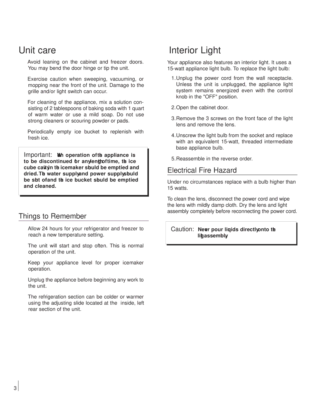 Marvel Industries 6CiM manual Unit care, Interior Light, Things to Remember, Electrical Fire Hazard 