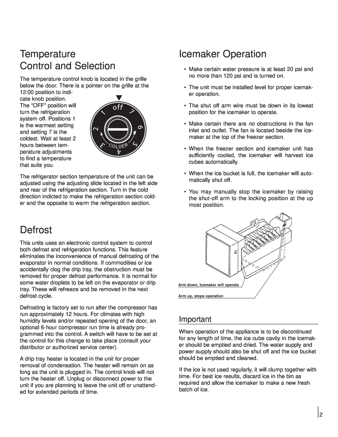 Marvel Industries 6CiM manual Temperature Control and Selection, Icemaker Operation, Defrost 