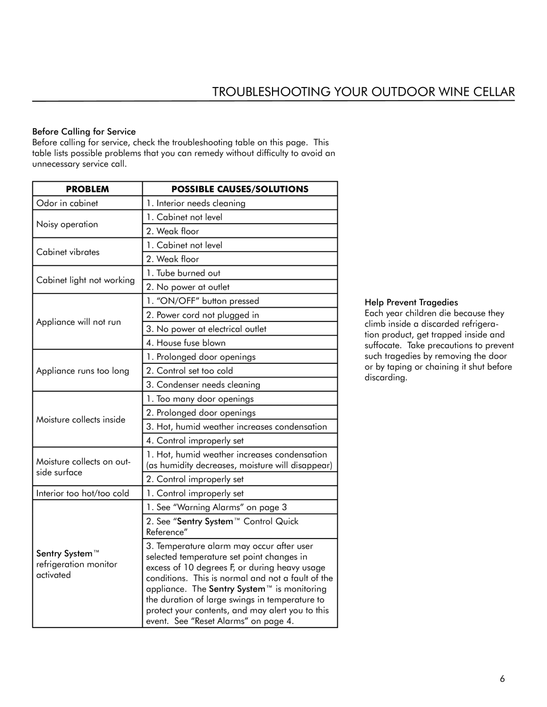 Marvel Industries 6OSWCE manual Troubleshooting Your Outdoor Wine Cellar, Problem Possible CAUSES/SOLUTIONS 