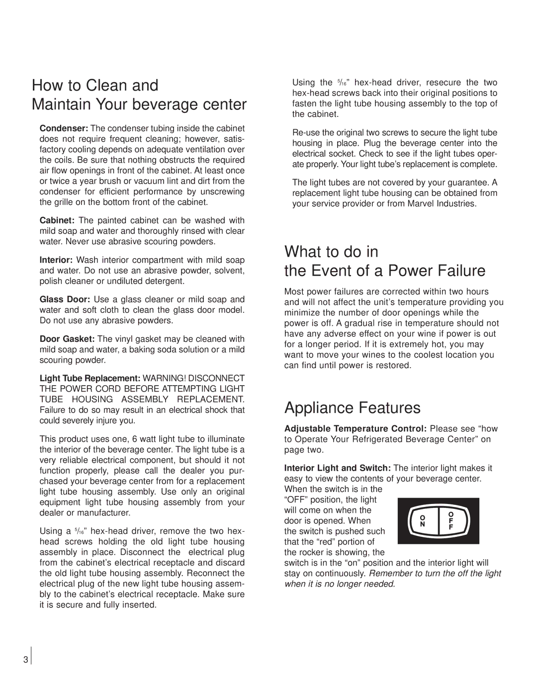 Marvel Industries 6SBAR manual How to Clean Maintain Your beverage center, What to do Event of a Power Failure 