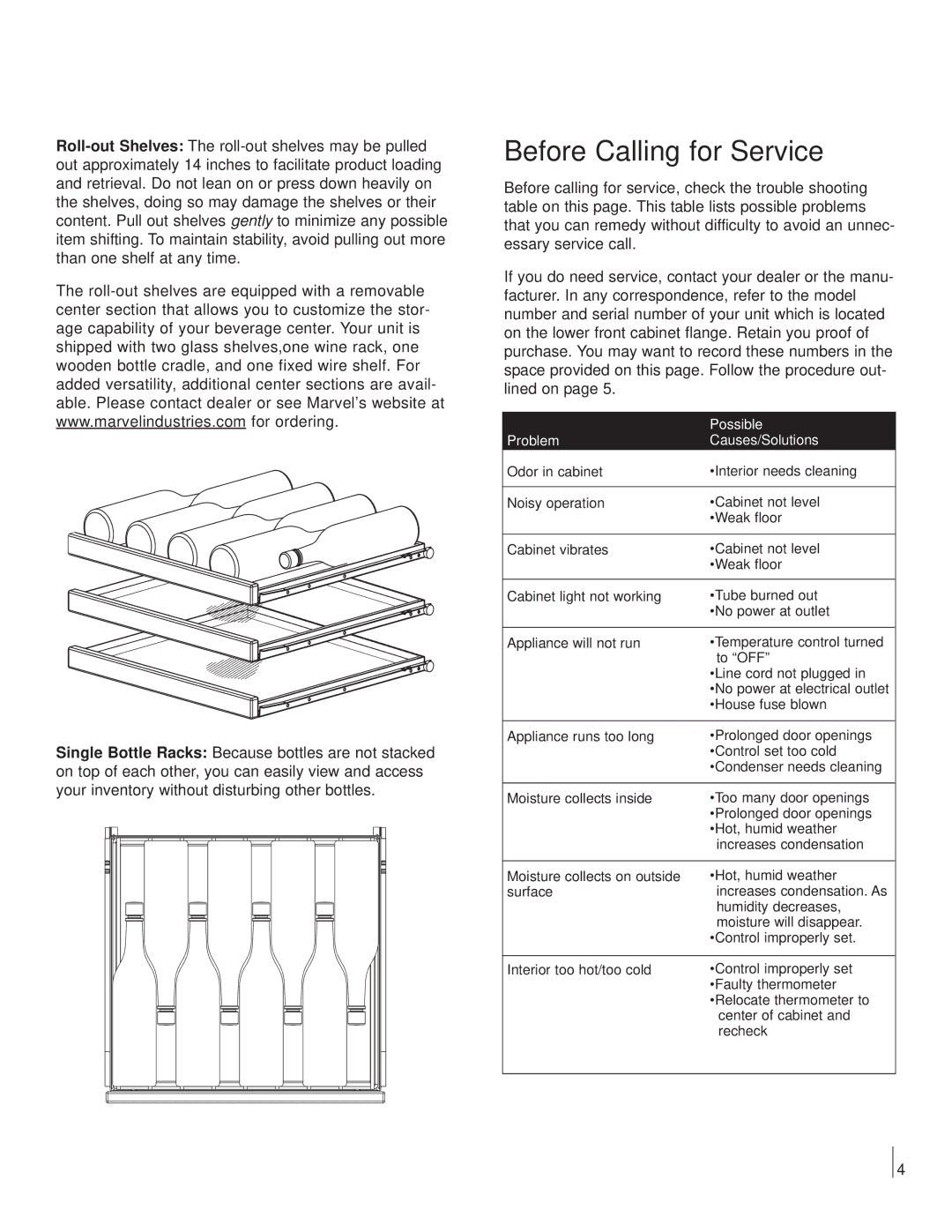 Marvel Industries 6SBAR manual Before Calling for Service, Problem Causes/Solutions 