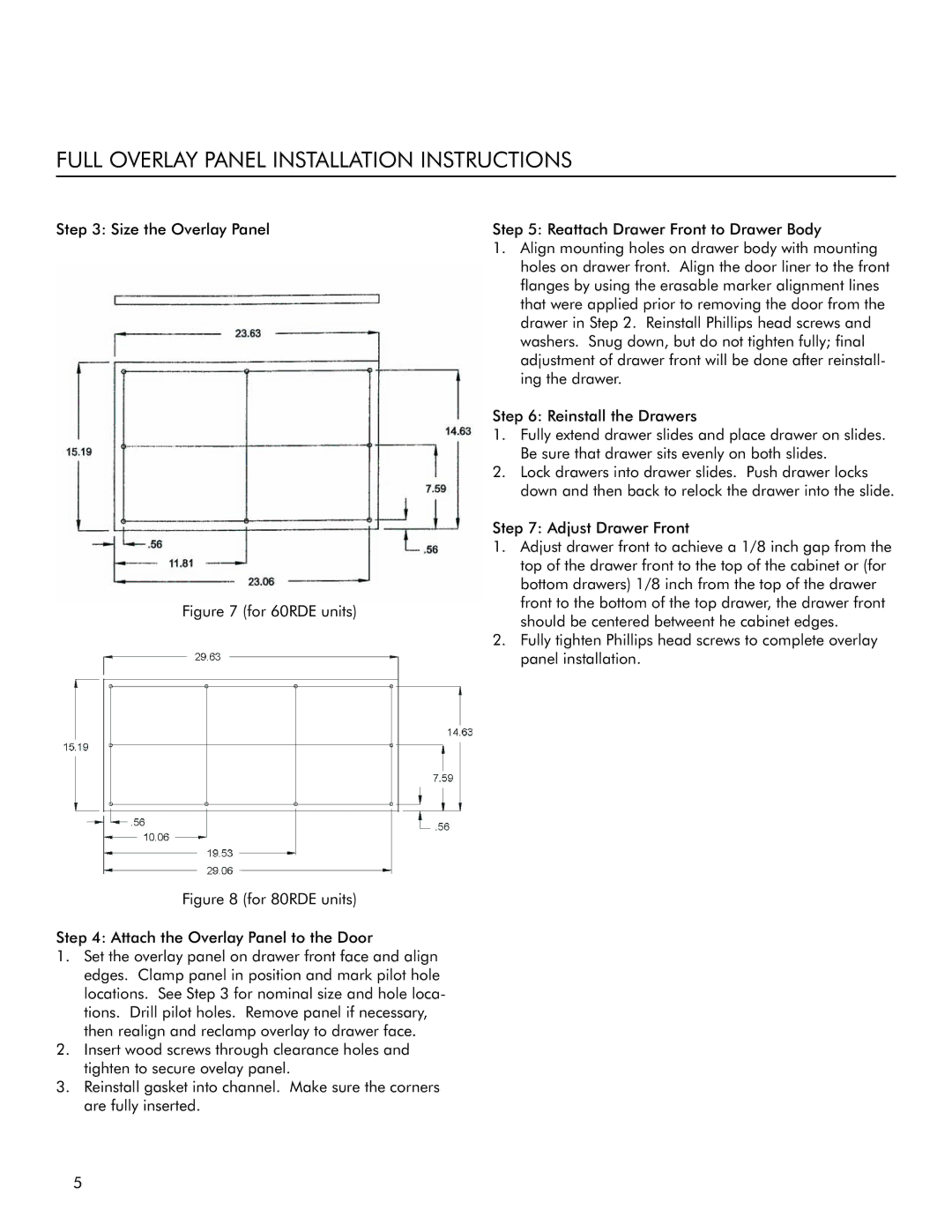 Marvel Industries 80RDE manual Full Overlay Panel Installation Instructions, For 60RDE units 