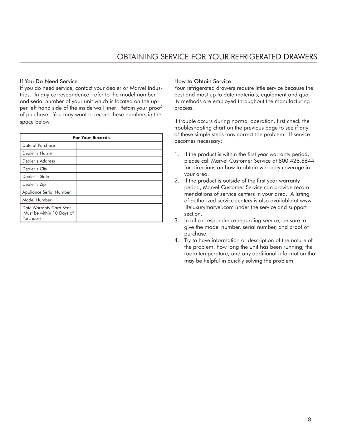 Marvel Industries 60RDE, 80RDE manual Obtaining Service for Your Refrigerated Drawers, For Your Records 