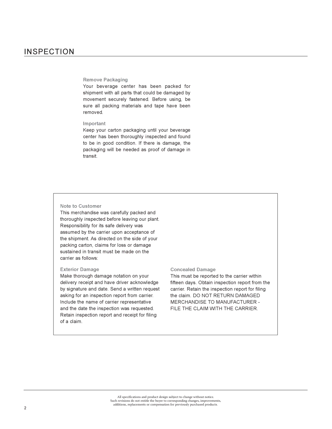 Marvel Industries 8SBAR manual Inspection, Remove Packaging, Exterior Damage Concealed Damage 