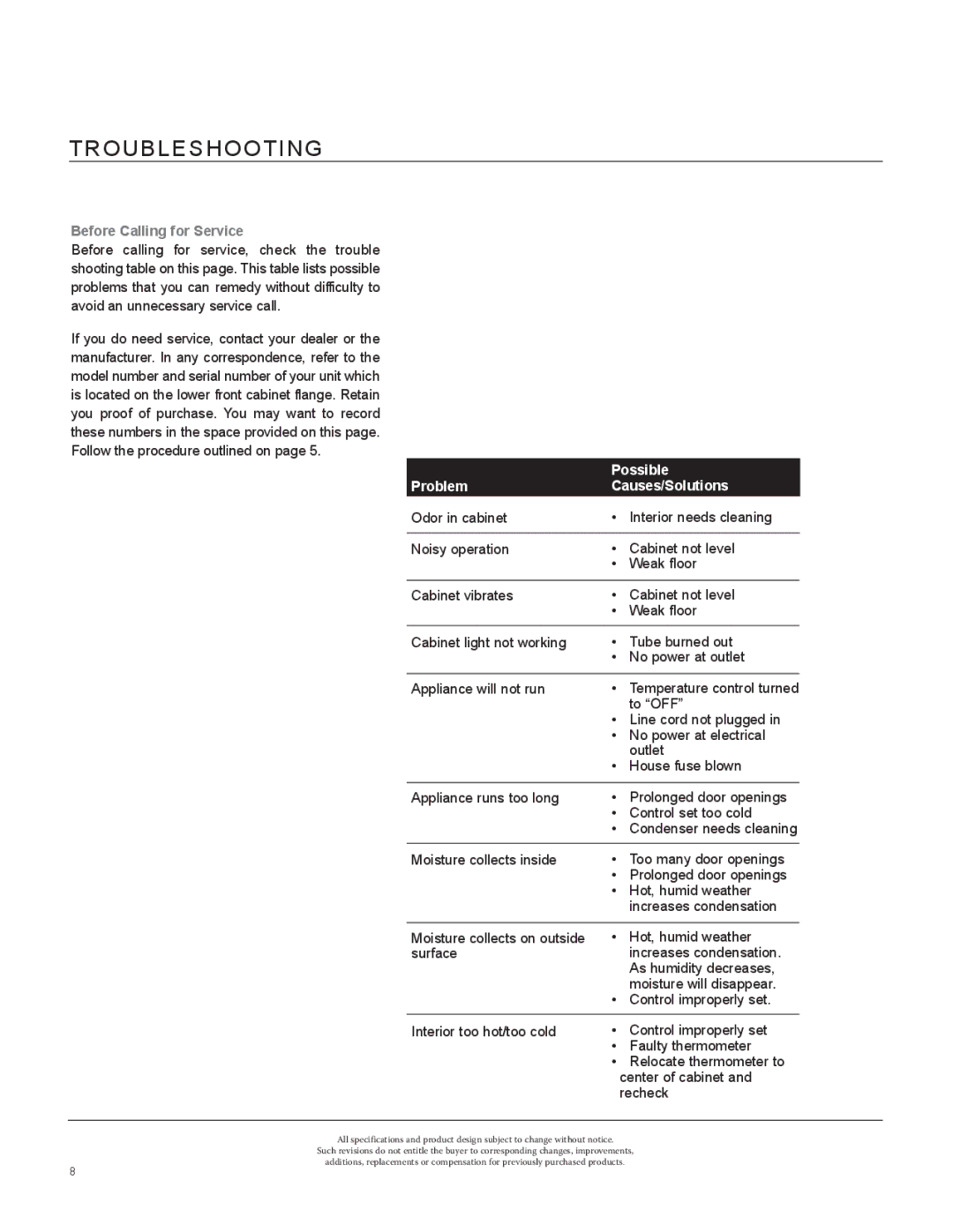 Marvel Industries 8SBAR manual Troubleshooting, Before Calling for Service 