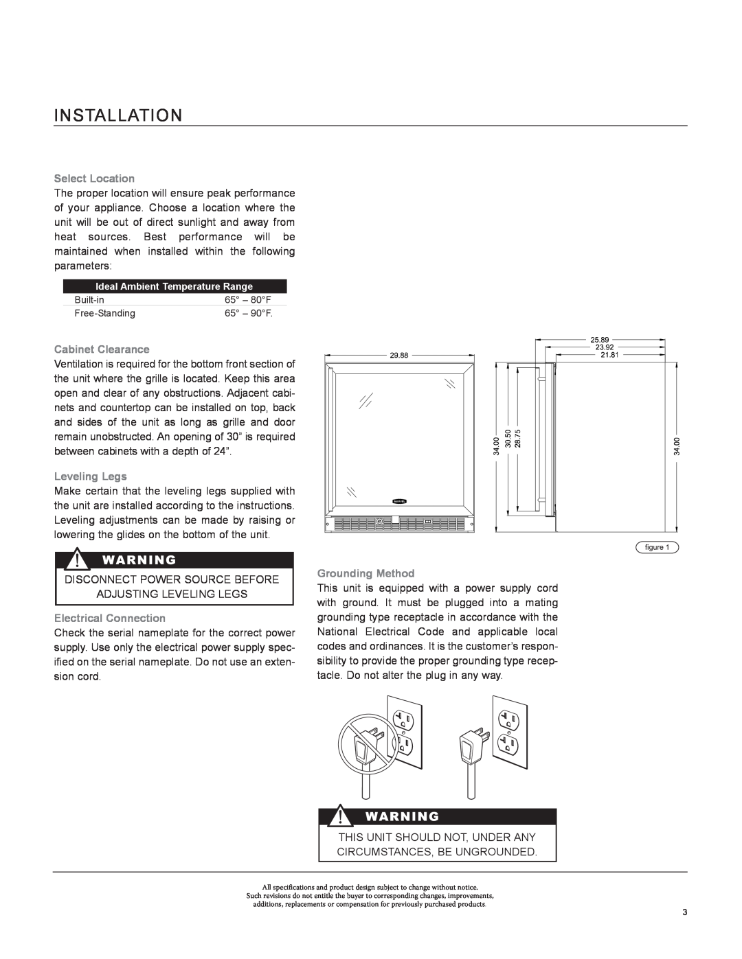 Marvel Industries 8SBAR manual Installation, Select Location, Cabinet Clearance, Leveling Legs, Electrical Connection 