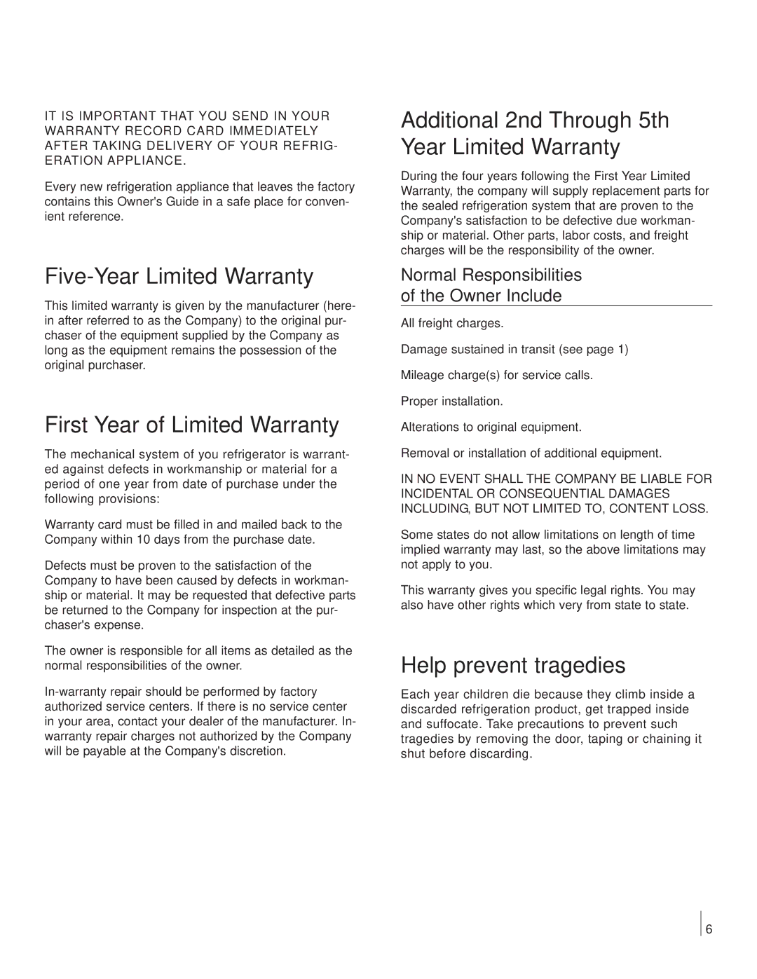 Marvel Industries Refrigerated Wine Chiller manual Five-Year Limited Warranty, First Year of Limited Warranty 