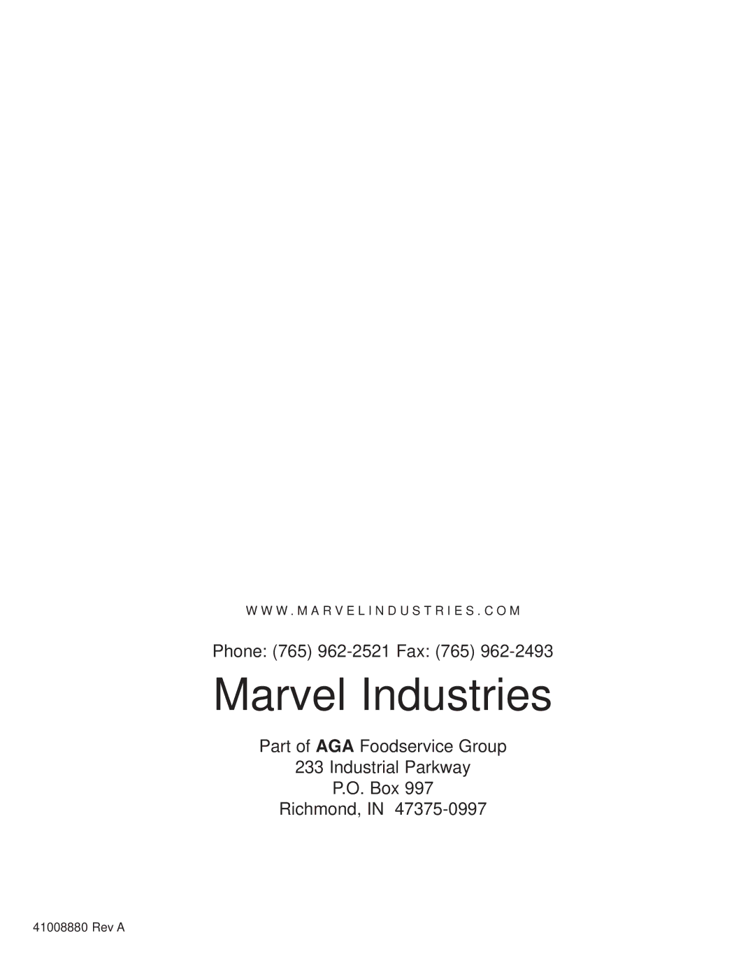 Marvel Industries Refrigerated Wine Chiller manual Phone 765 962-2521 Fax 765 