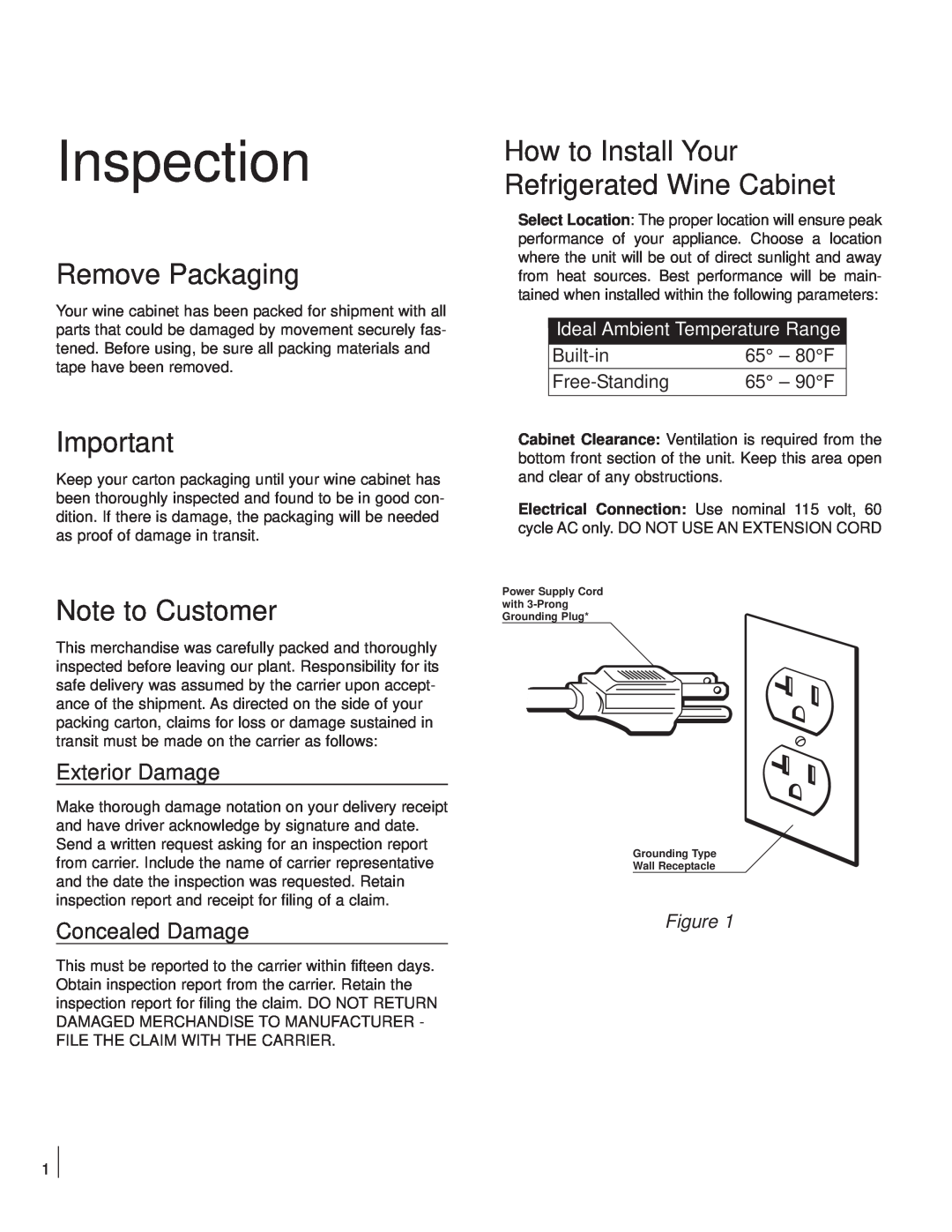 Marvel Industries Refrigerated Wine Chiller manual Inspection, Remove Packaging, Note to Customer, Exterior Damage 