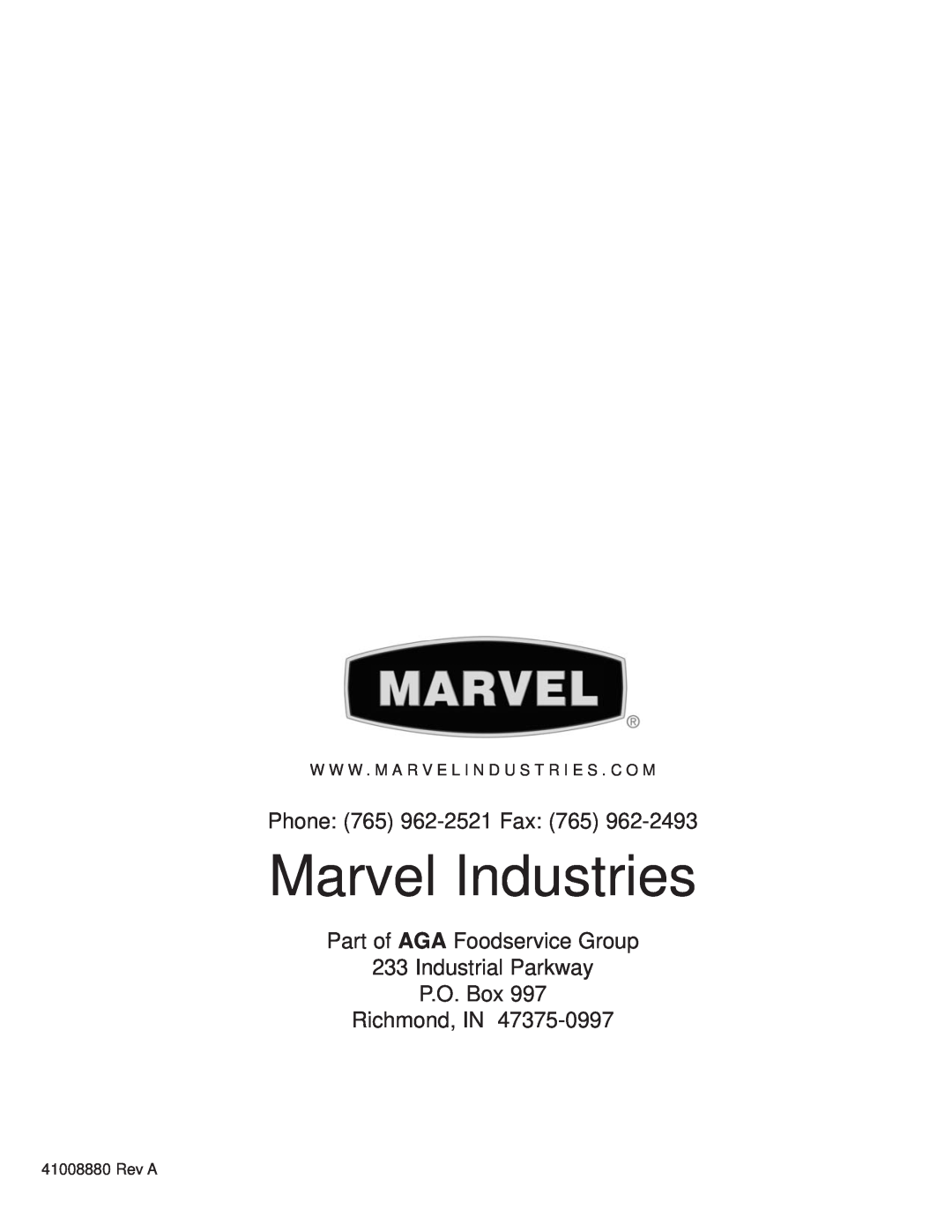 Marvel Industries Refrigerated Wine Chiller manual Marvel Industries, Phone 765 962-2521Fax, Part of AGA Foodservice Group 