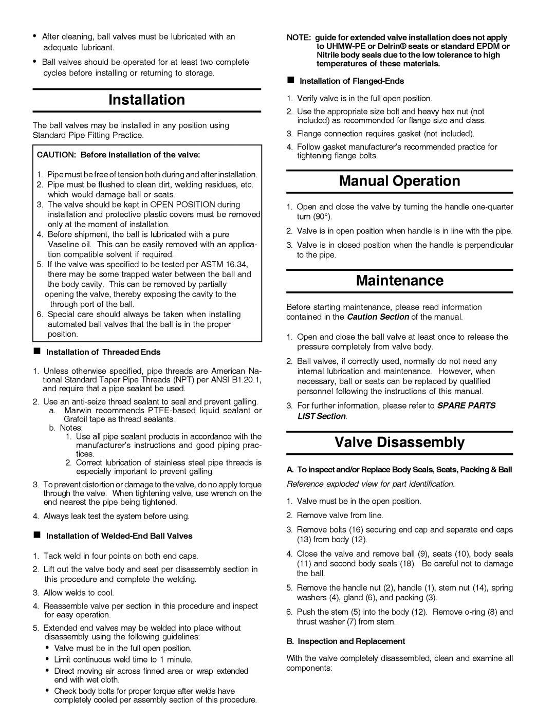 Marvin 3000 manual Installation, Manual Operation, Maintenance, Valve Disassembly 