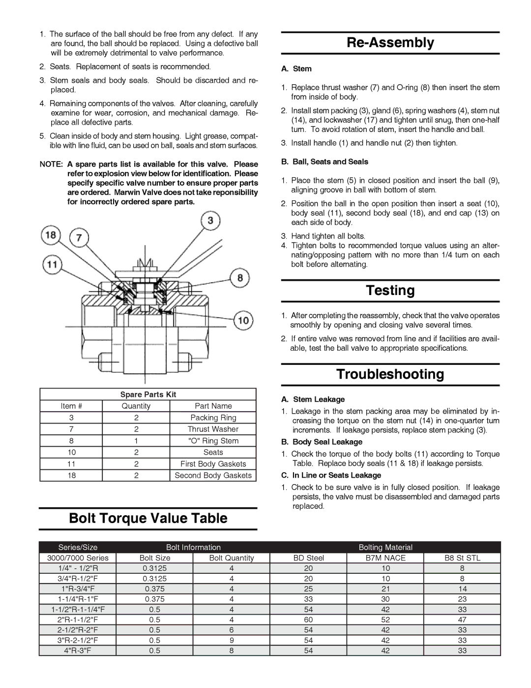 Marvin 3000 manual Bolt Torque Value Table Re-Assembly, Testing, Troubleshooting 