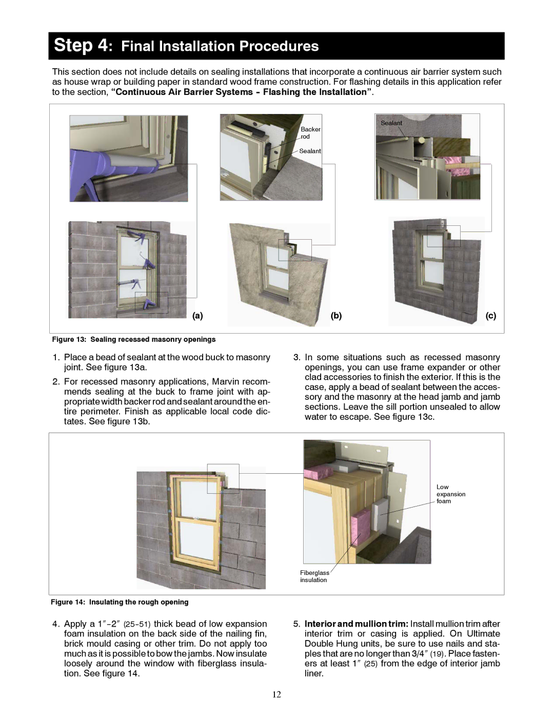 Marvin Window manual Final Installation Procedures, Sealing recessed masonry openings 