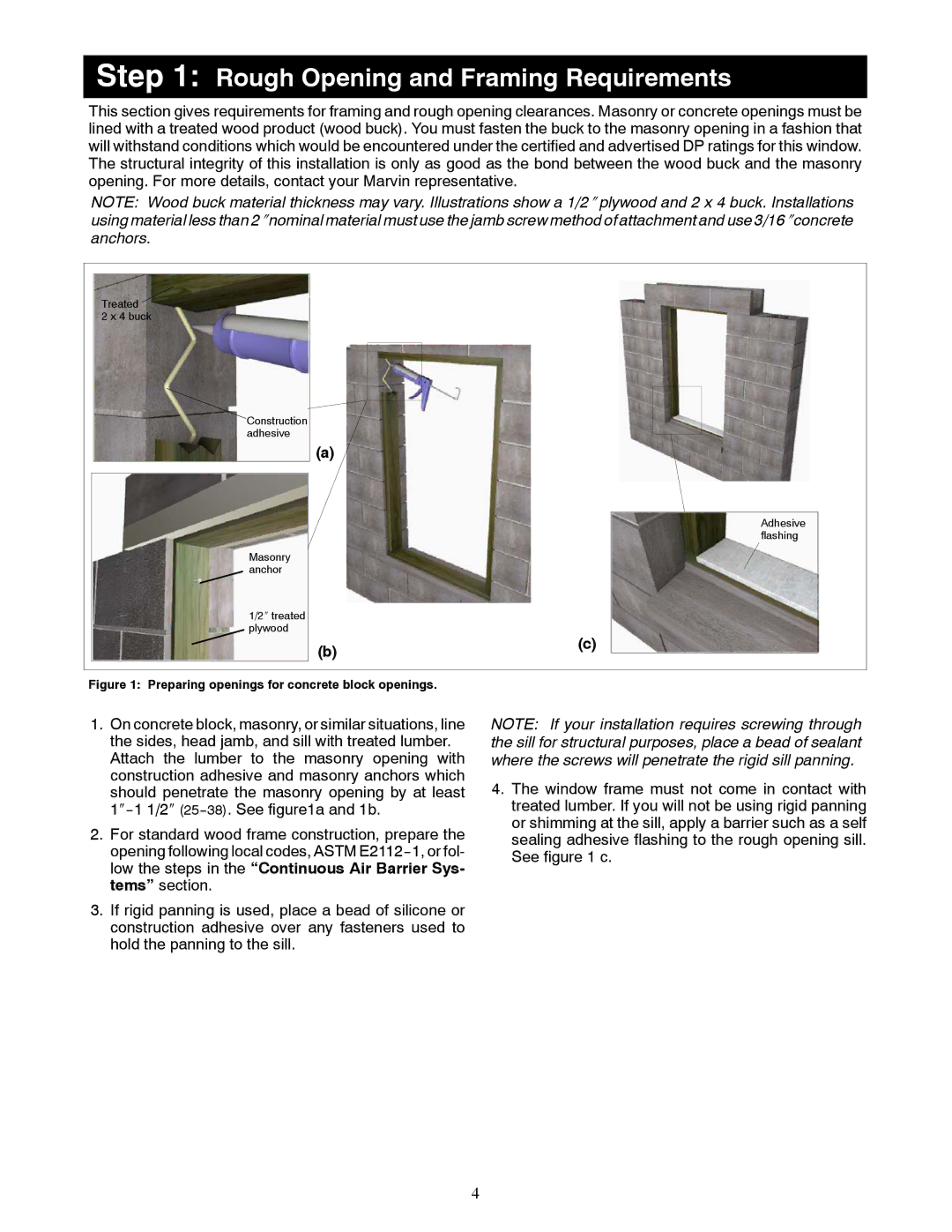 Marvin Window manual Rough Opening and Framing Requirements, Preparing openings for concrete block openings 