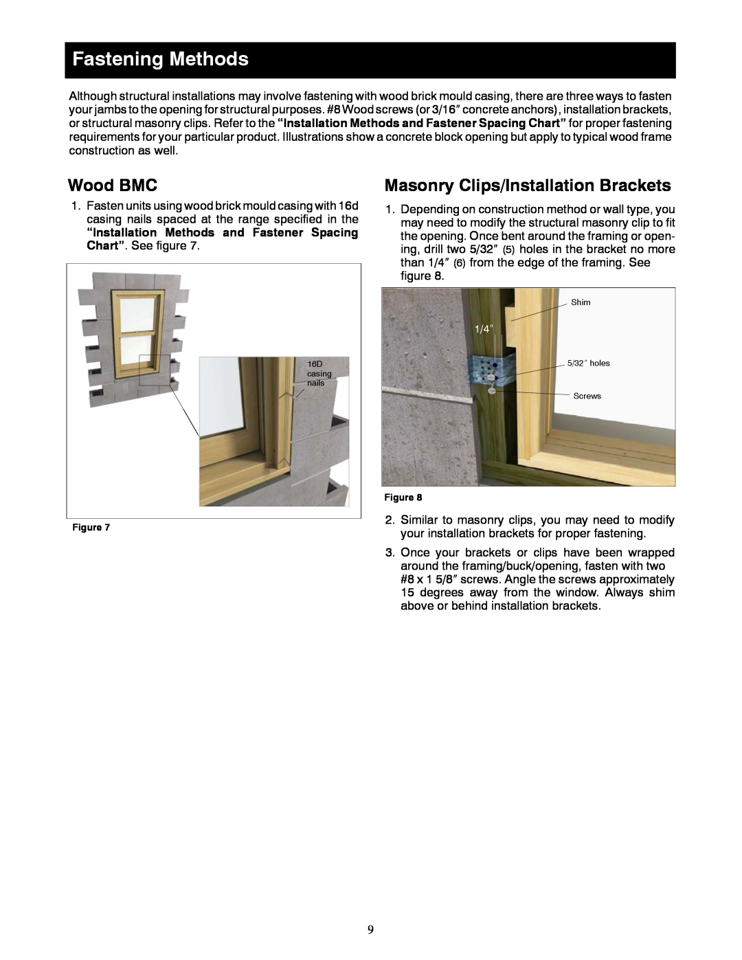 Marvin Window manual Fastening Methods, Wood BMC, Masonry Clips/Installation Brackets 