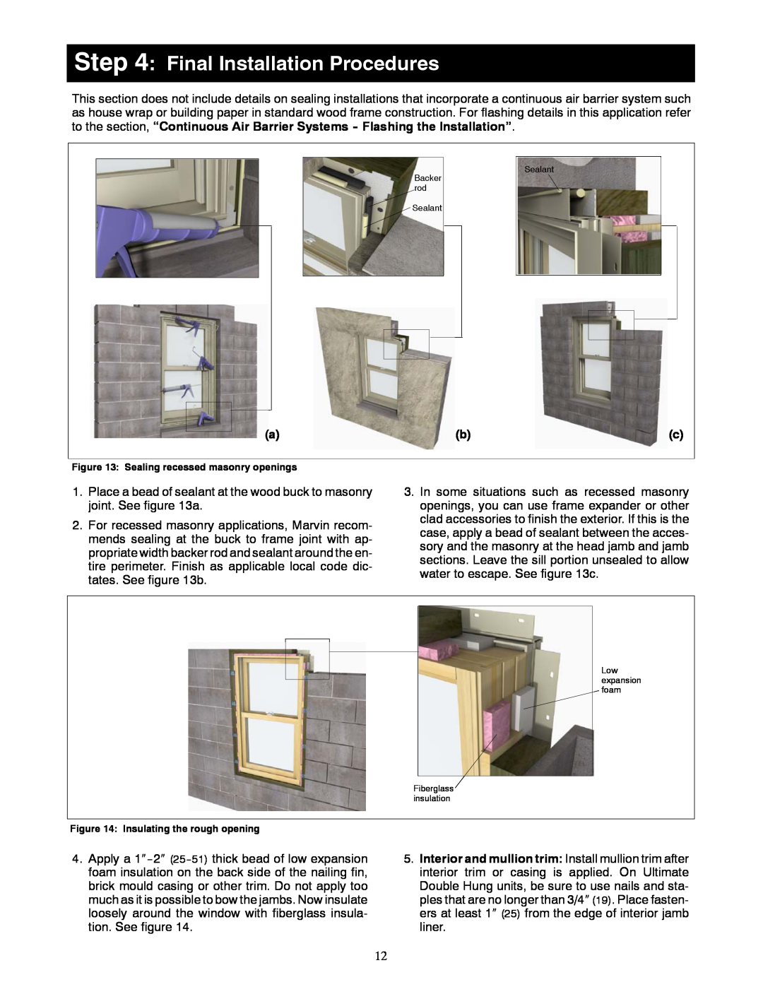Marvin Window manual Final Installation Procedures, Sealing recessed masonry openings, Insulating the rough opening 