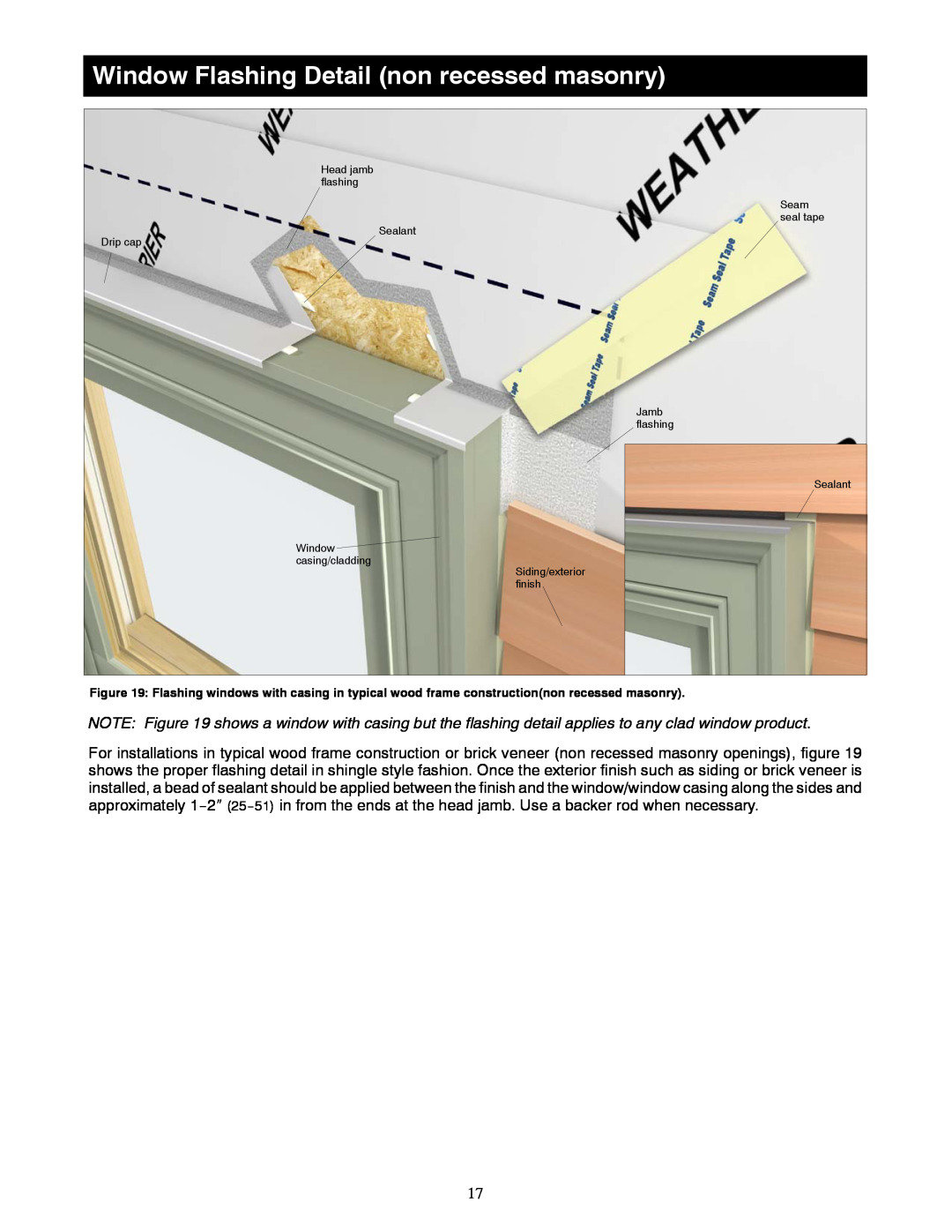 Marvin manual Window Flashing Detail non recessed masonry, Head jamb flashing Sealant Drip cap Window casing/cladding 