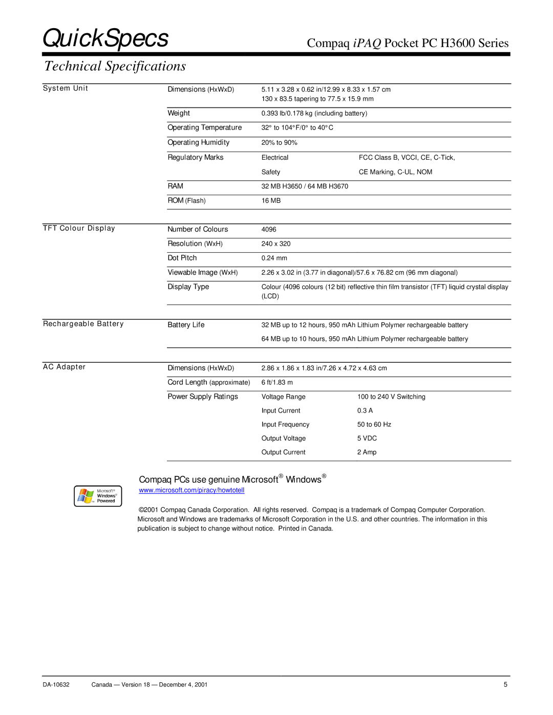 Maserati H3600 manual Technical Specifications 