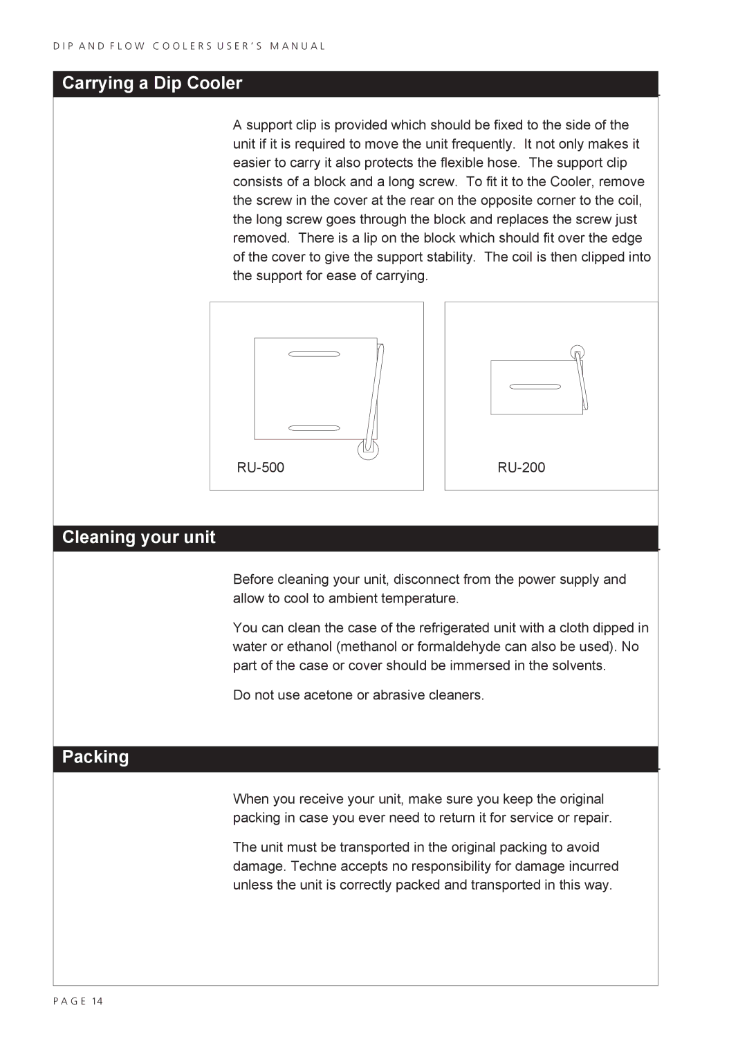 MASS Engineered Design RU-200 user manual Carrying a Dip Cooler, Cleaning your unit, Packing 