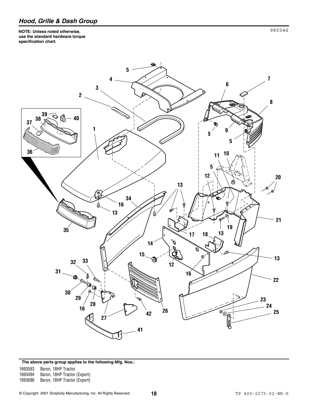 Massey Ferguson L&G 1693583 manual Hood, Grille & Dash Group, 985546 