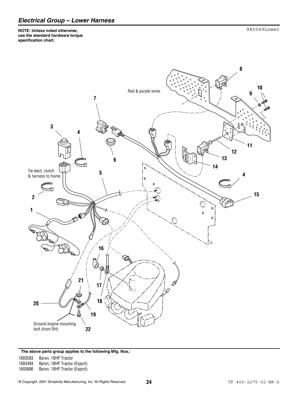 Massey Ferguson L&G 1693583 manual Electrical Group Lower Harness, 985549Lower 