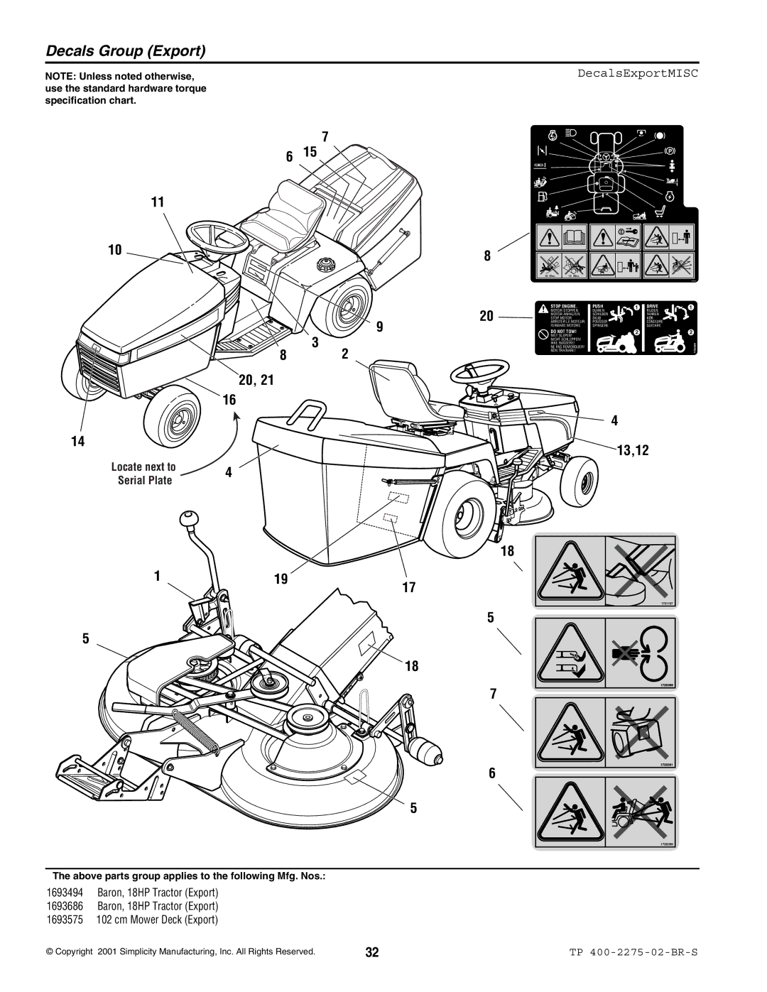 Massey Ferguson L&G 1693583 manual Decals Group Export, DecalsExportMISC, Locate next to Serial Plate 