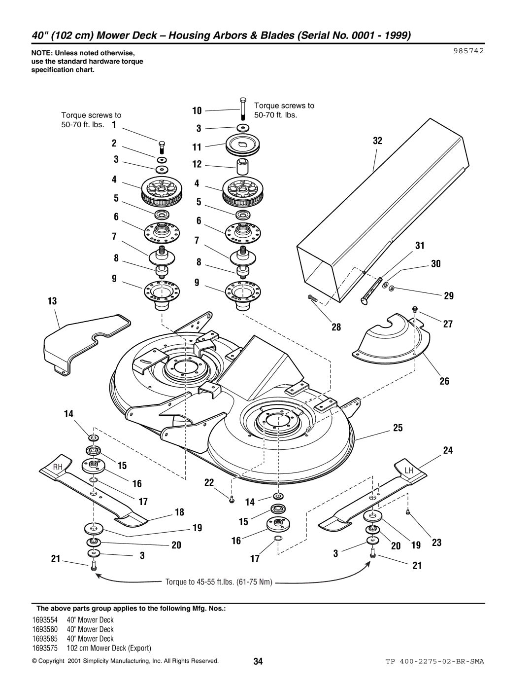 Massey Ferguson L&G 1693583 manual 40 102 cm Mower Deck Housing Arbors & Blades Serial No, 985742, Torque screws to 