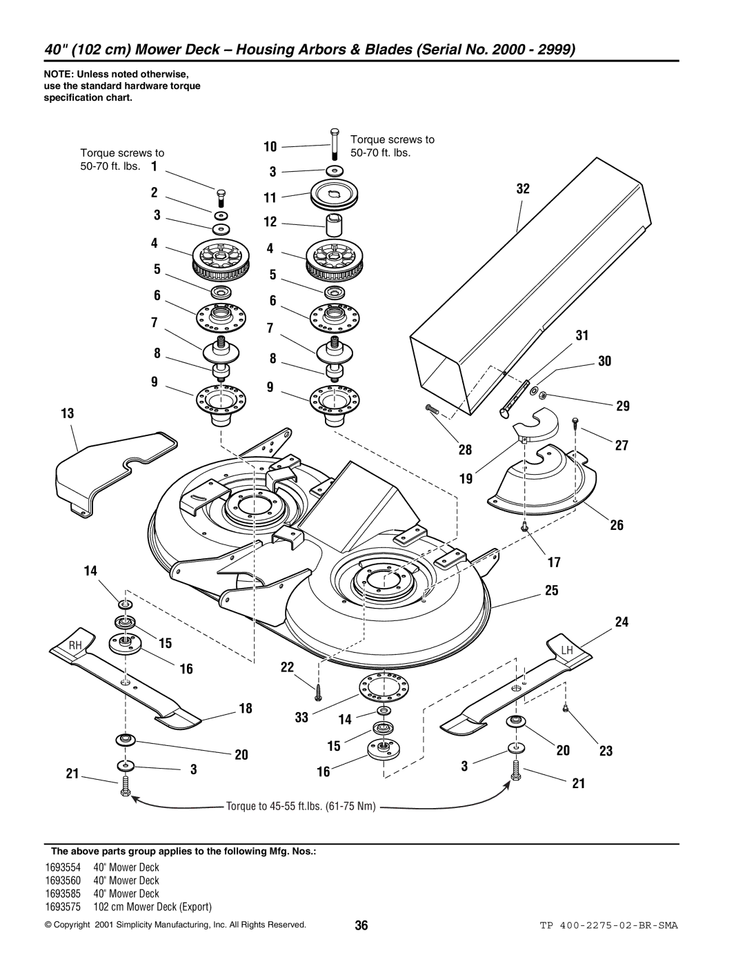 Massey Ferguson L&G 1693583 manual 40 102 cm Mower Deck Housing Arbors & Blades Serial No 