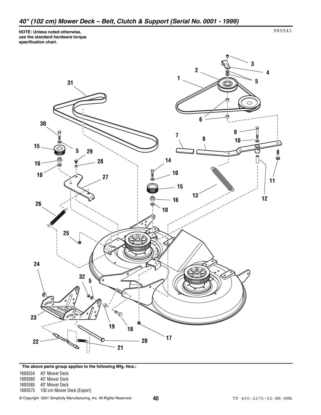 Massey Ferguson L&G 1693583 manual 40 102 cm Mower Deck Belt, Clutch & Support Serial No, 985541 