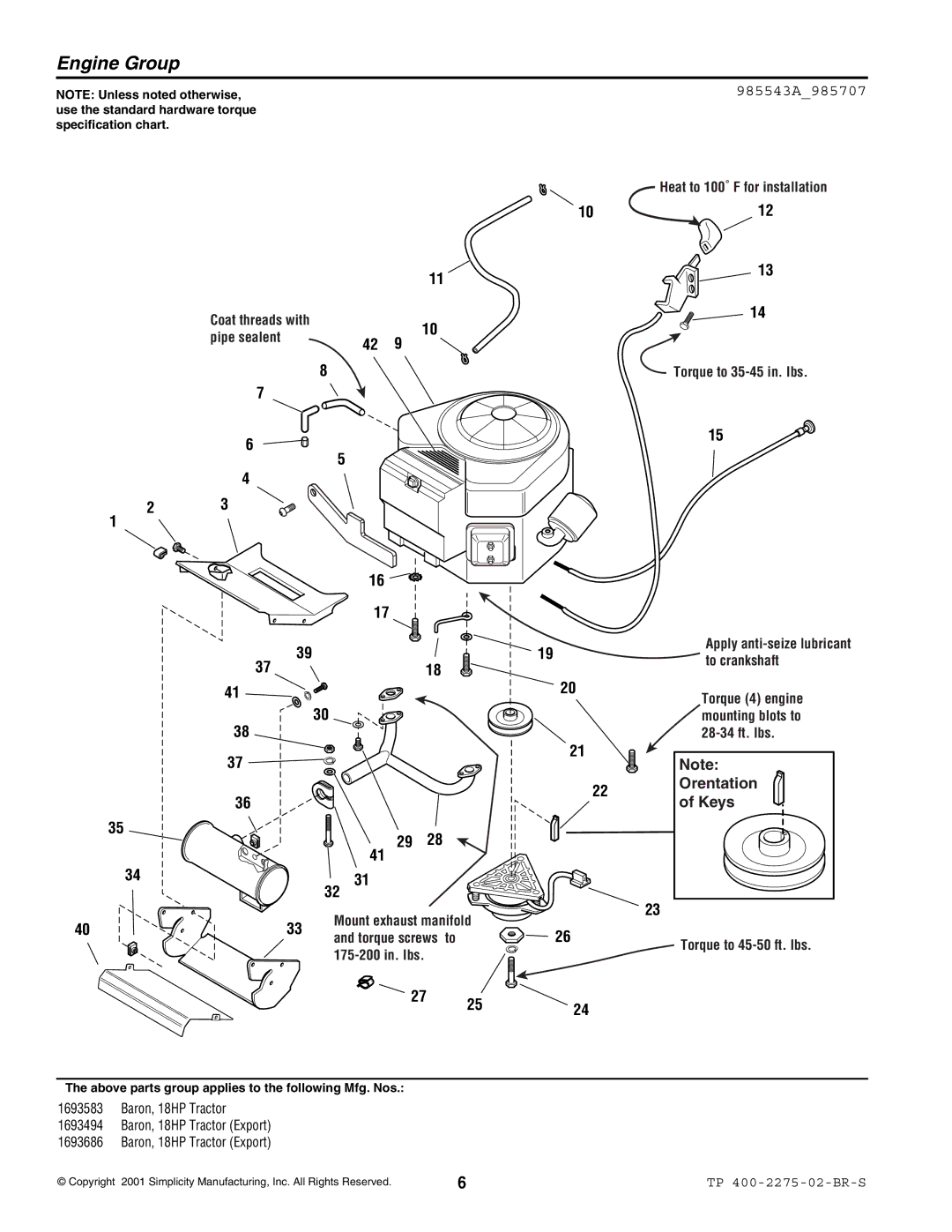 Massey Ferguson L&G 1693583 manual Engine Group, 985543A985707 