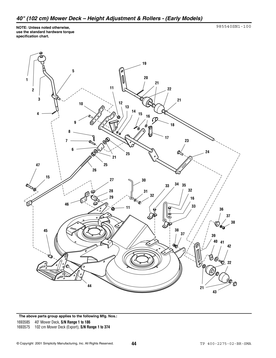 Massey Ferguson L&G 1693583 manual 40 102 cm Mower Deck - Height Adjustment & Rollers - Early Models, 985540SN1-100 