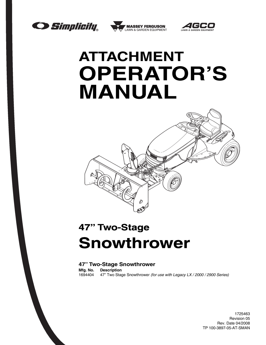 Massey Ferguson L&G 1694404 manual 47” Two-Stage Snowthrower, Operator’S Manual, Attachment 