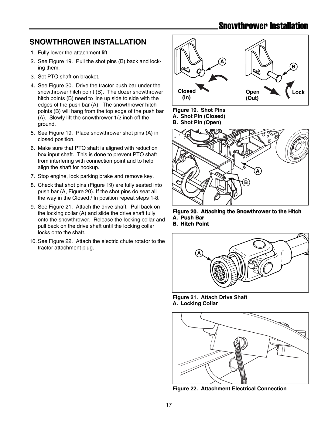Massey Ferguson L&G 1694404 manual Snowthrower Installation, Lock, Shot Pins A. Shot Pin Closed B. Shot Pin Open 