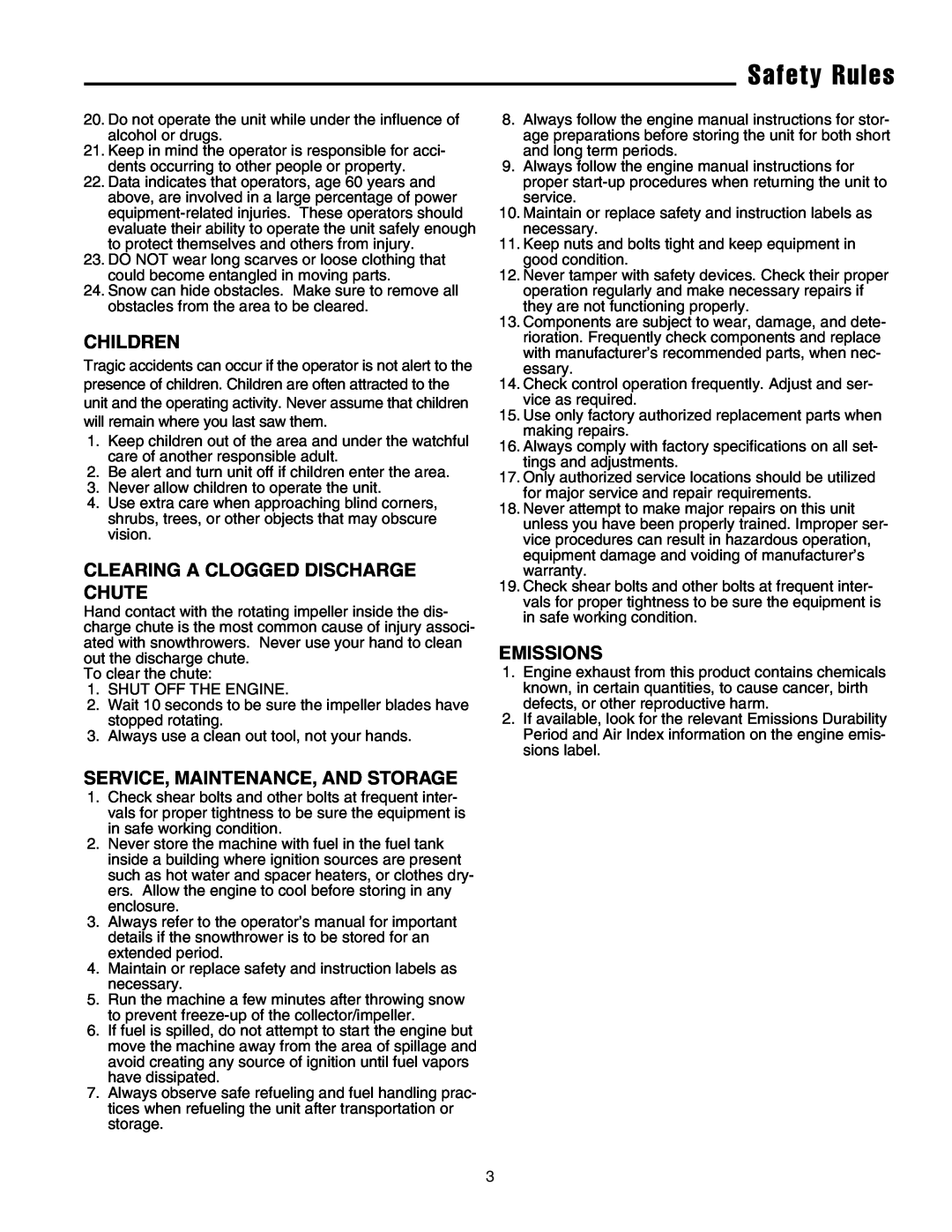 Massey Ferguson L&G 1694404 Safety Rules, Children, Clearing A Clogged Discharge Chute, Service, Maintenance, And Storage 