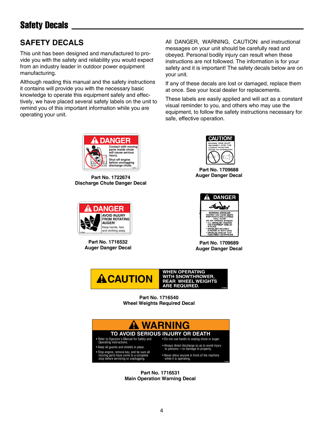 Massey Ferguson L&G 1694404 manual Safety Decals, Danger, To Avoid Serious Injury Or Death 