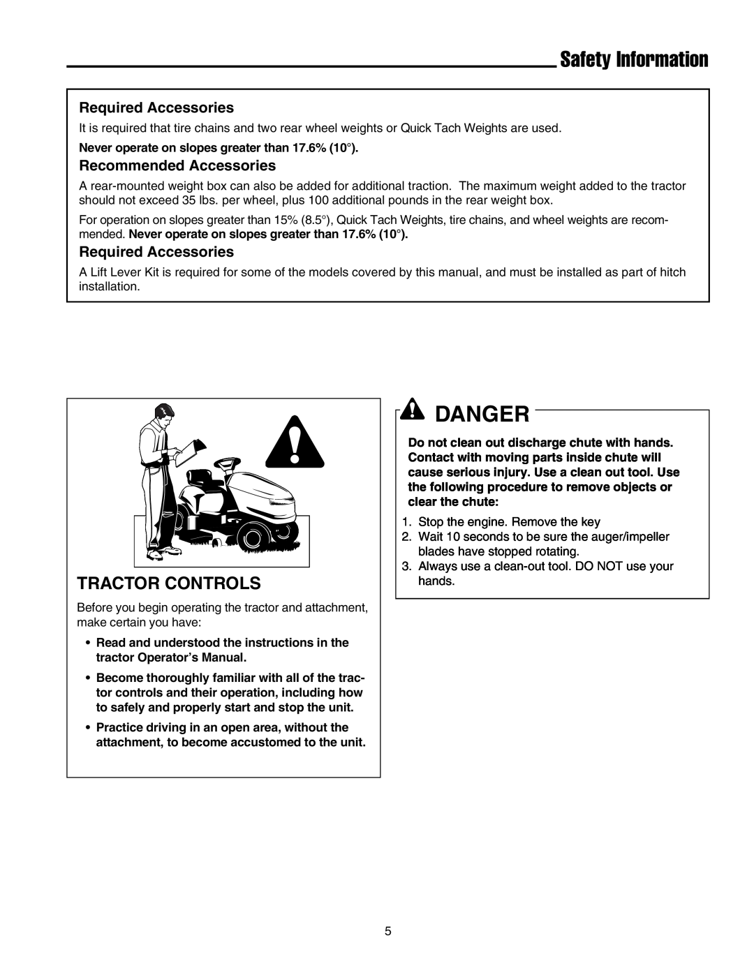 Massey Ferguson L&G 1694404 Safety Information, Tractor Controls, Required Accessories, Recommended Accessories, Danger 