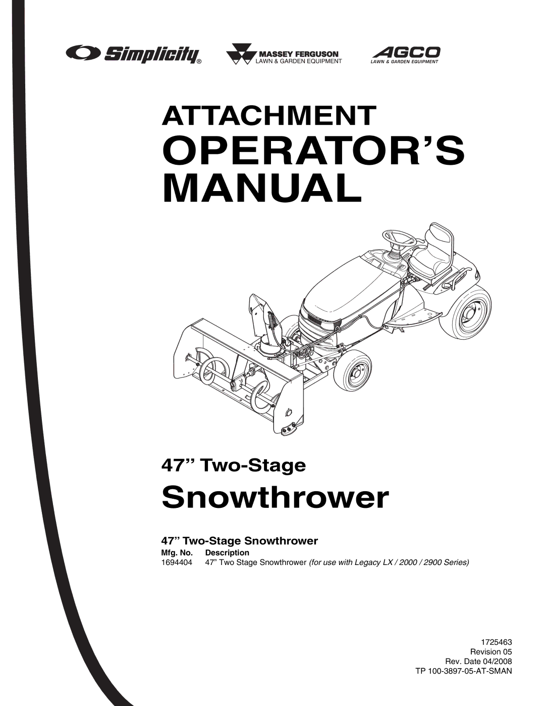 Massey Ferguson L&G 1694404 manual OPERATOR’S Manual, Two-Stage Snowthrower 