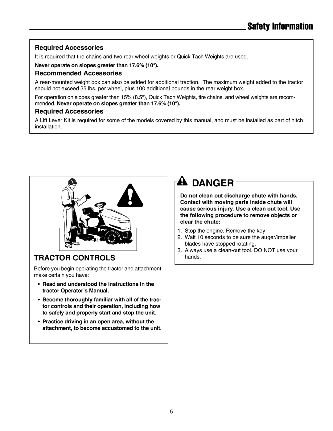 Massey Ferguson L&G 1694404 manual Safety Information, Tractor Controls, Required Accessories, Recommended Accessories 