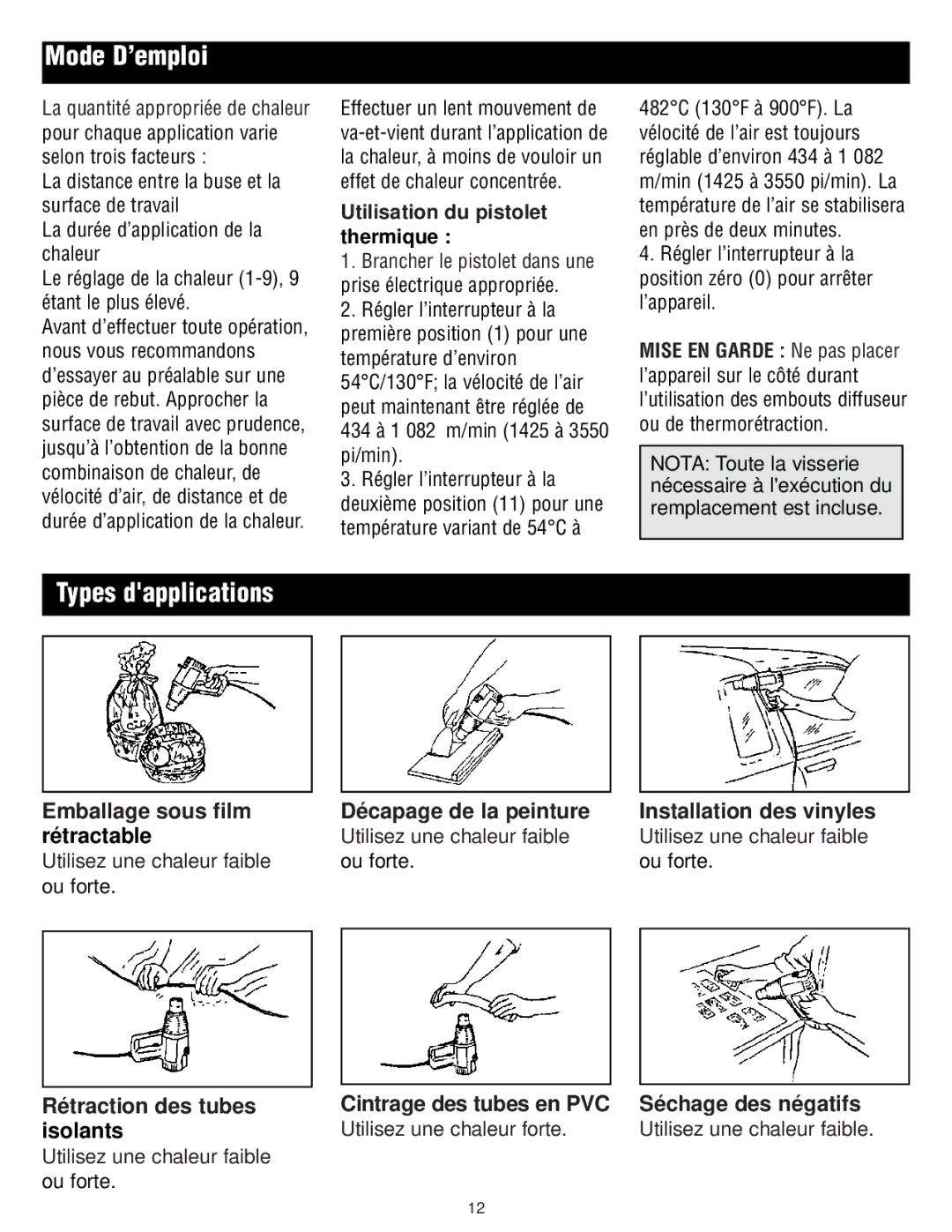 Master Appliance 1425-3550 FPM130-900F Mode D’emploi, Types dapplications, Utilisation du pistolet thermique 