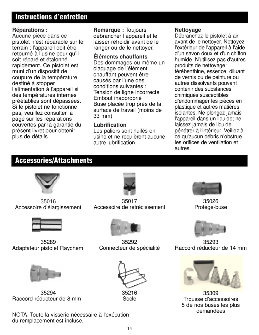 Master Appliance 1425-3550 FPM130-900F Instructions d’entretien, Éléments chauffants, Lubrification, Nettoyage 