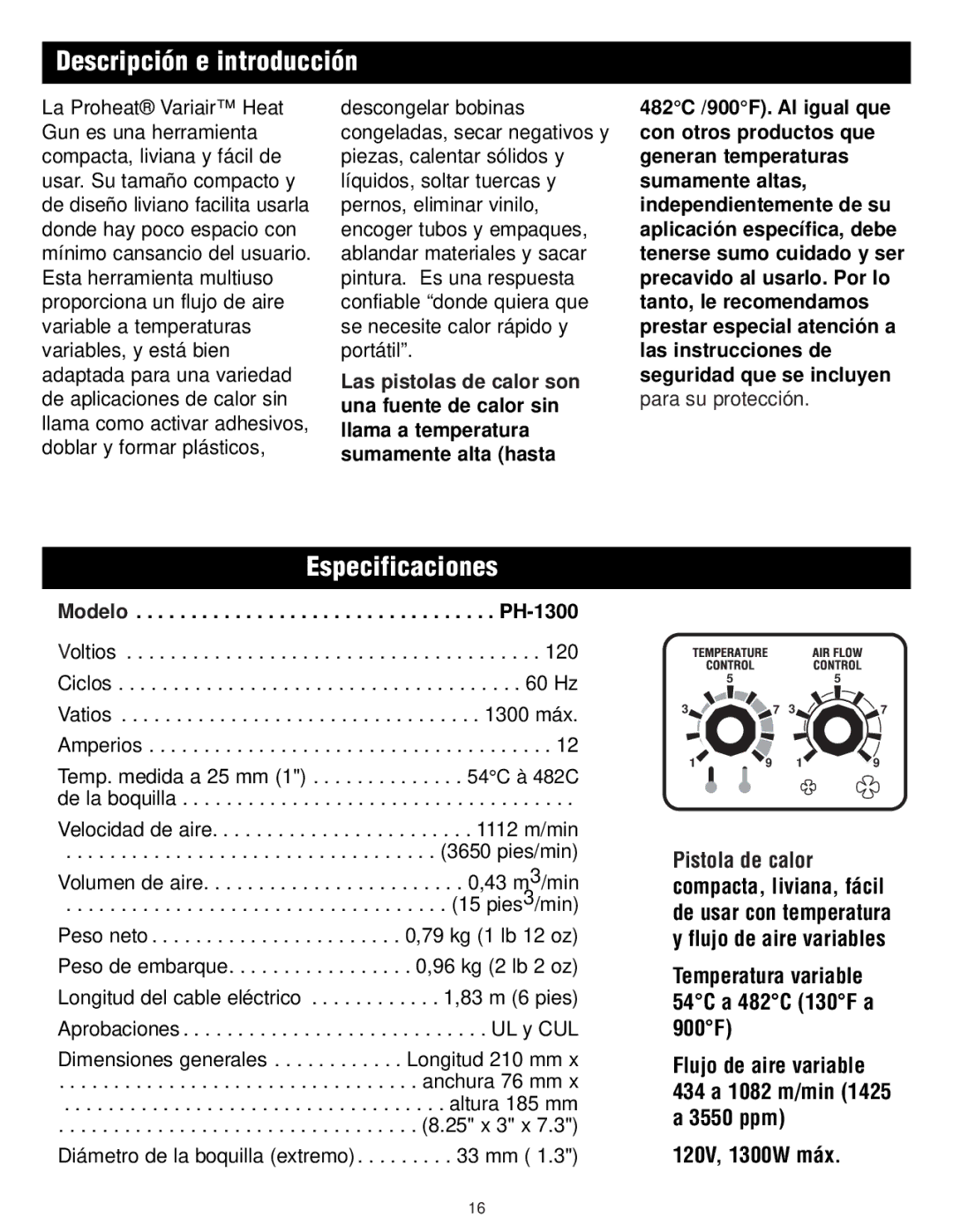 Master Appliance 1425-3550 FPM130-900F Descripción e introducción, Especificaciones, Volumen de aire ,43 m3/min 