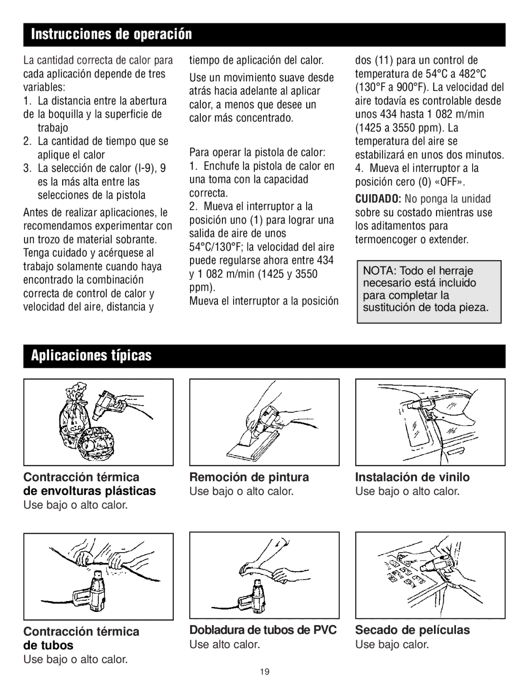 Master Appliance 1425-3550 FPM130-900F Instrucciones de operación, Aplicaciones típicas, Tiempo de aplicación del calor 