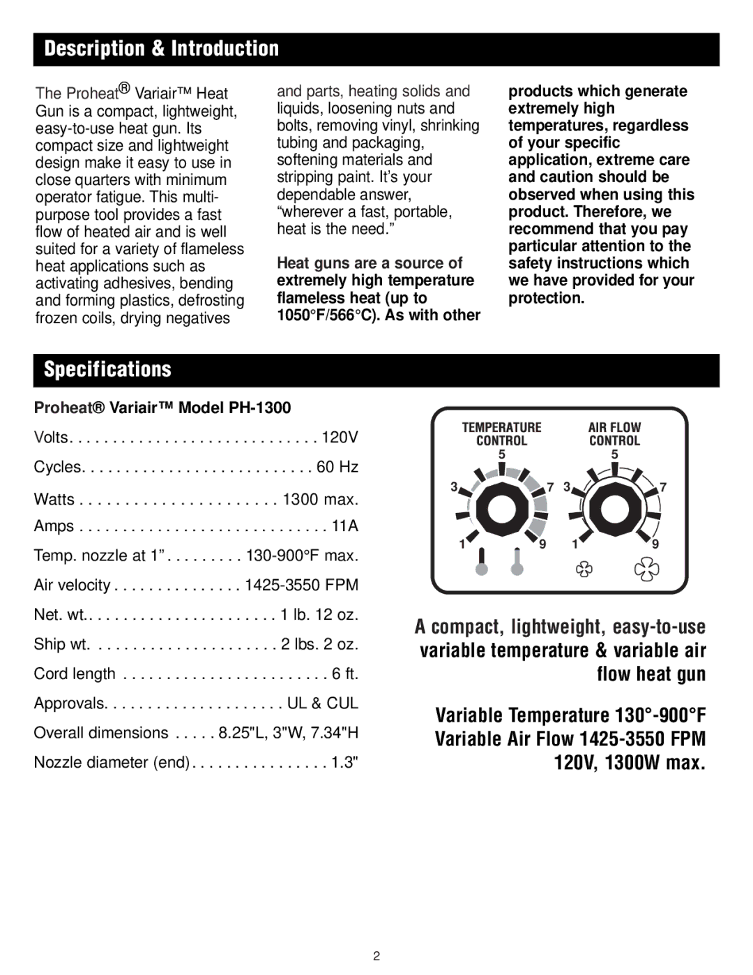 Master Appliance 1425-3550 FPM130-900F instruction manual Description & Introduction, Specifications, 120V, 1300W max 