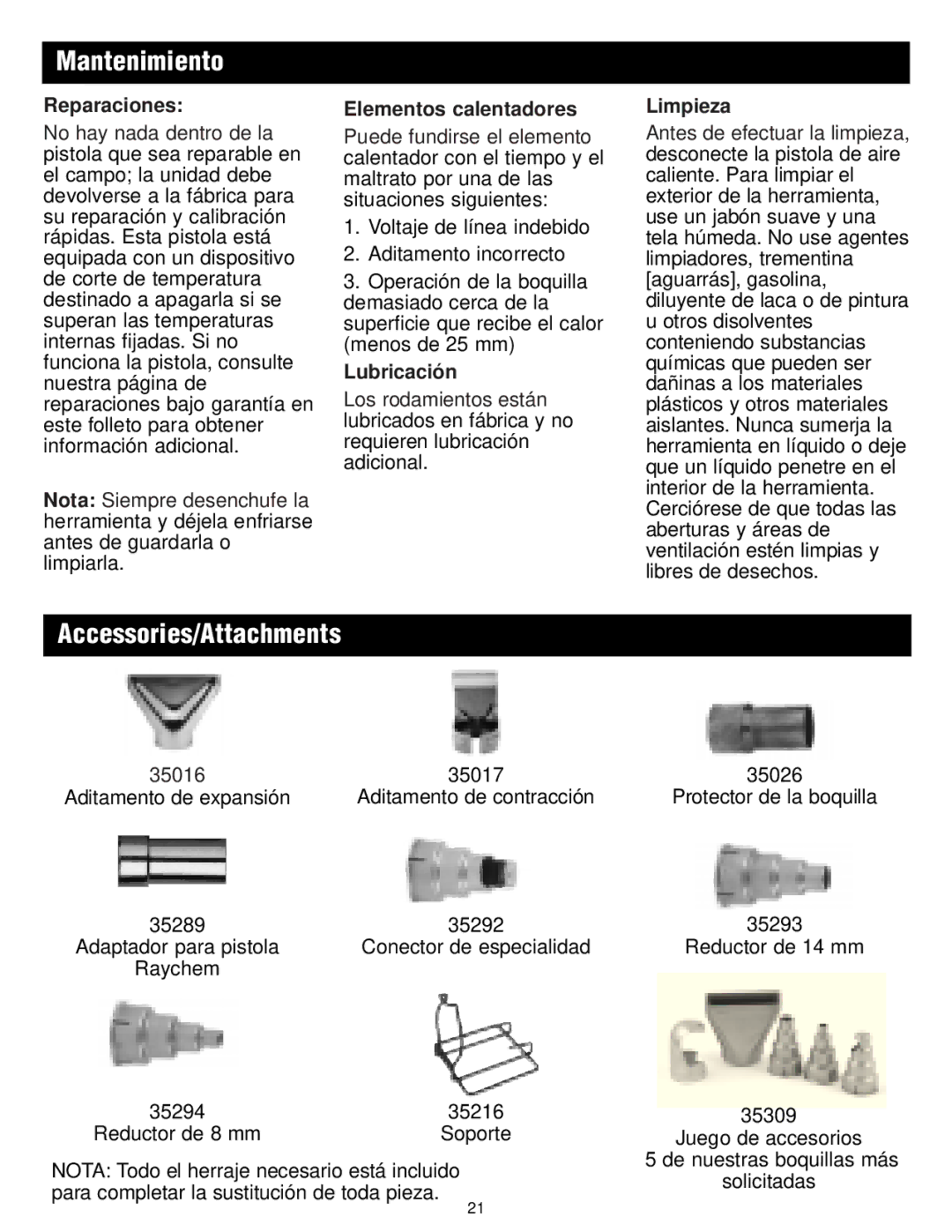 Master Appliance 1425-3550 FPM130-900F Mantenimiento, Reparaciones, Elementos calentadores, Lubricación, Limpieza 