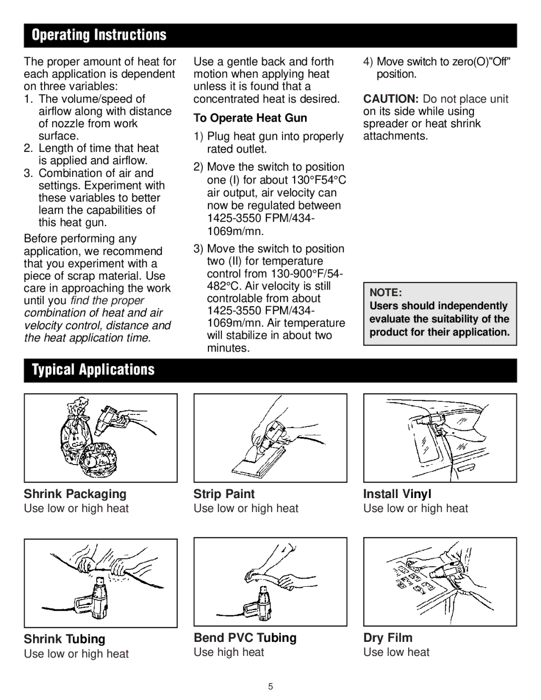 Master Appliance 1425-3550 FPM130-900F instruction manual Typical Applications, Operating Instructions, To Operate Heat Gun 