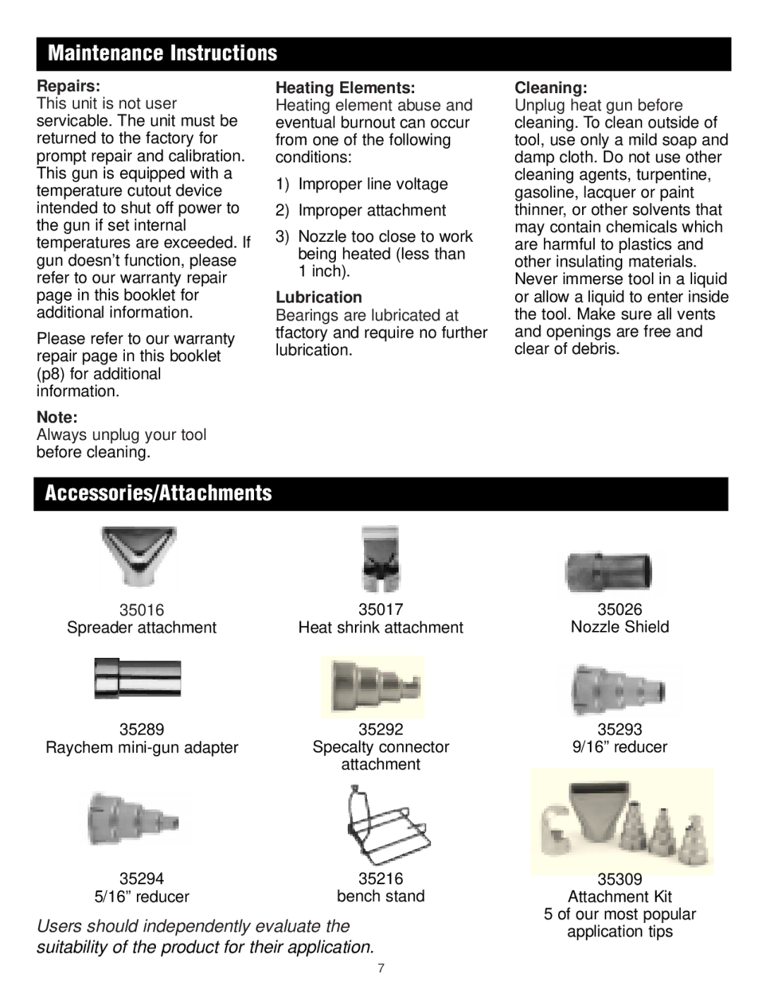 Master Appliance 1425-3550 FPM130-900F Maintenance Instructions, Accessories/Attachments, Repairs, Lubrication, Cleaning 