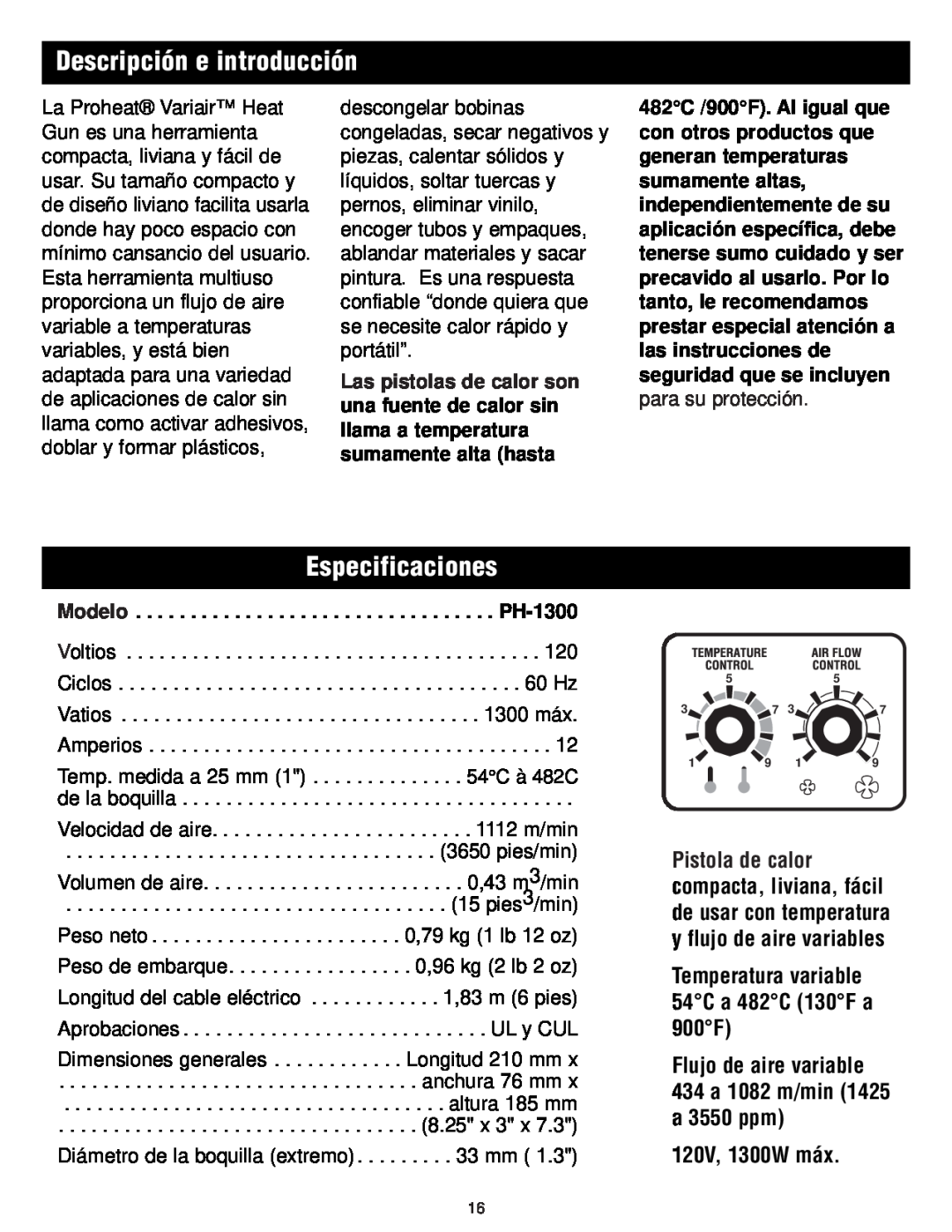 Master Appliance 1425-3550 FPM130-900F instruction manual Descripción e introducción, Especificaciones, 120V, 1300W máx 